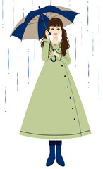 雨の中で傘をさして立っている若い女性 (全身)