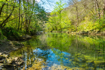 Fototapeta na wymiar River Sella between the Tornin to the Olla de San Vicente, near Cangas de Onis. Asturias. Spain
