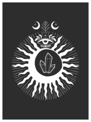 Mystic aesthetic sun witch mage composition print. Hand draw black color.Esoteric sign alchemy.