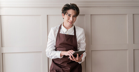 Startup successful small business owner man sme, handsome men in coffee shop restaurant. Portrait...