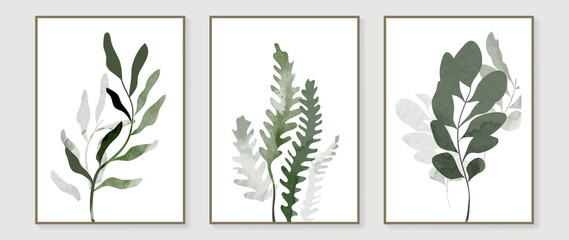 Vintage style foliage wall art template. Collection of hand drawn leaves with green watercolor texture, leaf branch, line art. Botanical poster set for wall decoration, interior, wallpaper, banner. © TWINS DESIGN STUDIO