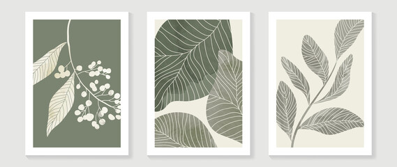 Fototapeta Vintage style foliage wall art template. Collection of hand drawn leaves with green watercolor texture, leaf branch, line art. Botanical poster set for wall decoration, interior, wallpaper, banner. obraz