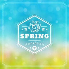 Fototapeta na wymiar Spring badge vector typographic design greeting card. Spring blurred lights background and flowers. Eps 10.