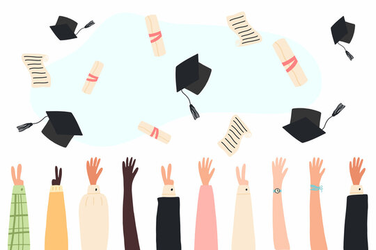 Education concept. End of school. Graduates throw graduation caps in the air.Flat style. Vector illustration.