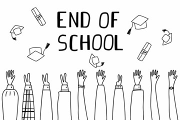 Education concept. Graduates toss their graduation caps in the air.Doodle style. Vector illustration.