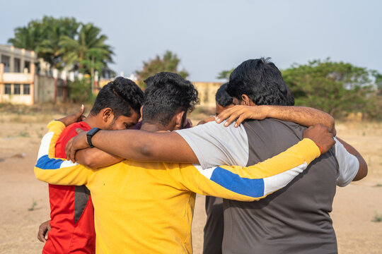 Group of players discuissing about game plan to play cricket - concept of teamwork, making strategy and competition.