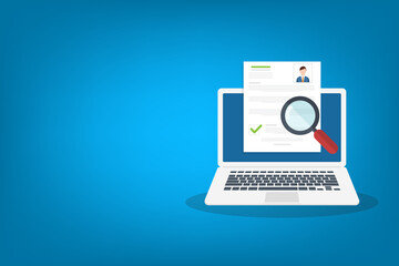 Online resume analysis, use magnifying glass to view recruitment resume, concept of recruitment and human resources