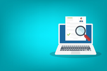 Online resume analysis, use magnifying glass to view recruitment resume, concept of recruitment and human resources