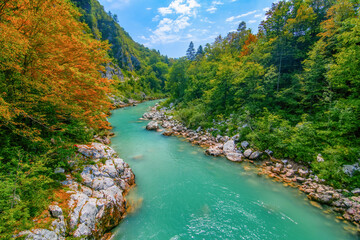 Fototapeta na wymiar Autumn scenery of Soca river near Kobarid, Slovenia