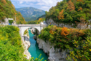 Amazing view of Soca river and Napoleon's bridge near Kobarid, Slovenia - obrazy, fototapety, plakaty