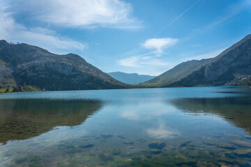 Obraz na płótnie Canvas Detail of Lake Enol in the Lakes of Covadonga. Asturias. Spain