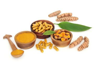 Turmeric herbal plant medicine and food seasoning with root, powder, dietary supplement capsules. Used in natural remedies as an anti inflammatory and is an antioxidant. 