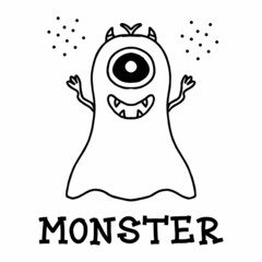 Hand-drawn poster with a cute monster. Doodle style. Vector illustration in scandinavian style.yellow fluffy monster.