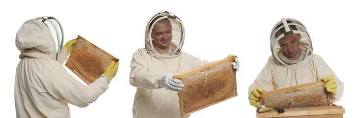 Collage with photos of beekeeper in uniform holding frames with honeycombs on white background. Banner design - Powered by Adobe