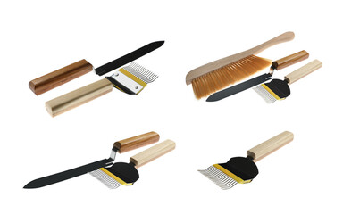Set with different beekeeping tools on white background