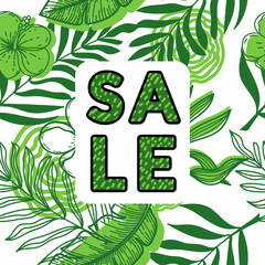 Discount banner, discount poster decorated with monochrome tropical leaves and strelitzia flowers. Tropical palm leaves, monster and hand-drawn sketch elements. Vector illustration.