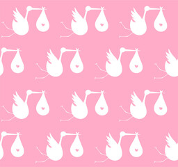 Seamless pattern with white storks on a pink background with baby girls. Suitable for wallpaper, wrapping or textile.	

