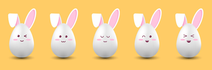 Happy Easter. Kawaii rabbit body 3d egg with various expressions of emotions laughter, calmness, winking, friendliness, begging, naivety, happiness, charm, embarrassment. On a yellow background.	