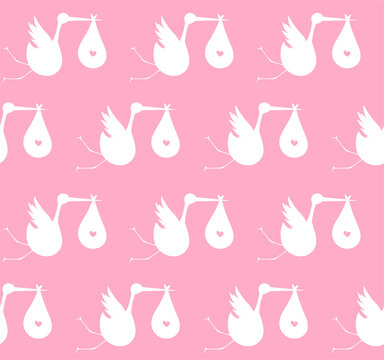 Seamless pattern with white storks on a pink background with baby girls. Suitable for wallpaper, wrapping or textile.	
