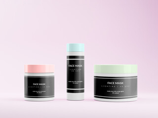 Face mask jars on pink background with lifting effect and retinol. Wellness cosmetology, self care. 3d render mockup 