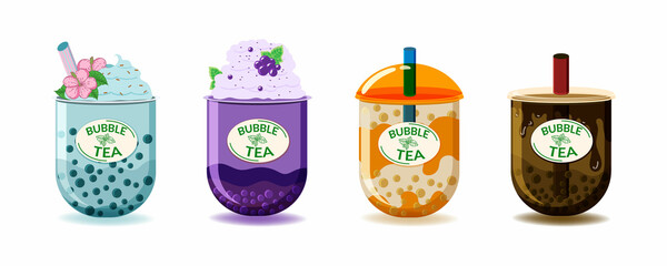 A set of different types of tea. Flat style painted elements. Fancy drinks. Green tea, matcha milk, cacao brownie and fruity, consisting of mixed fruit flavors, fresh strawberry.