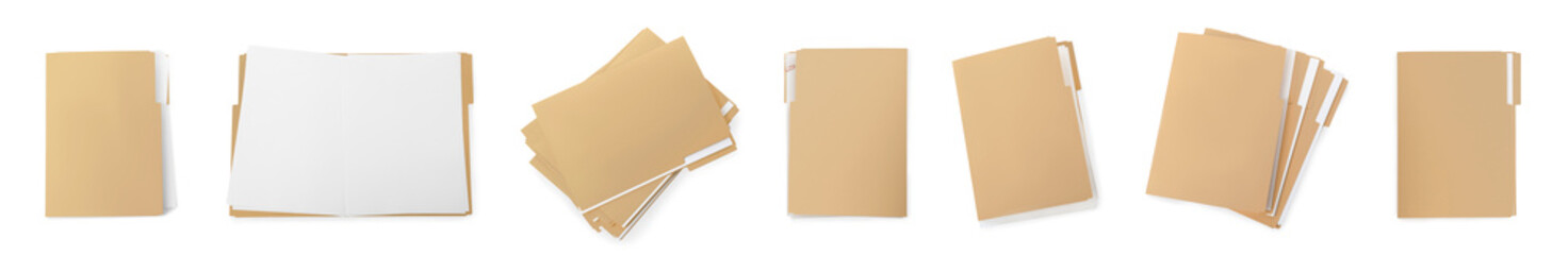 Set of files with documents on white background, top view. Banner design