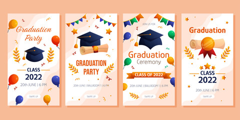 Graduation party and ceremony vertical social media template. Vector layout invitation template. Degree ceremony invite. Student greeting design.