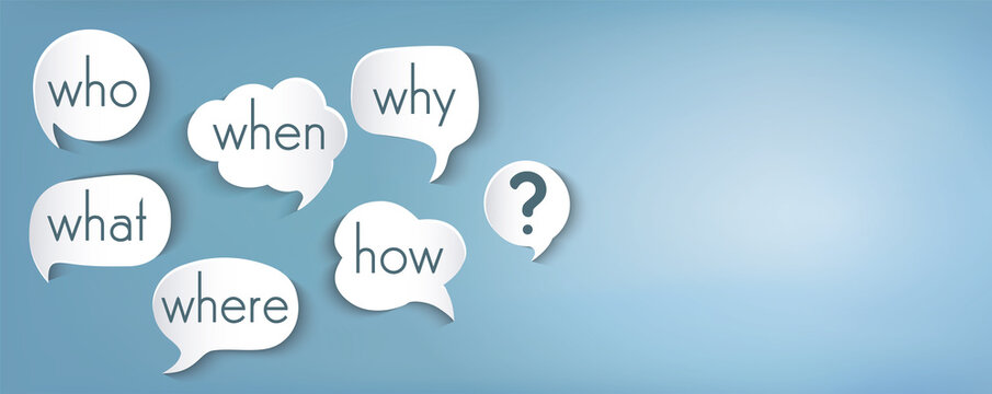Speech bubble with text questions Who What Where When Why How and question mark.Investigate analyze and solve various questions.Problem solving or brainstorming concept.Banner copy space