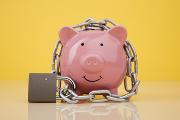 Piggy bank with chain on yellow background close-up