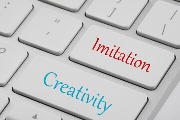 Buttons with words Imitation and Creativity on keyboard, closeup view. Plagiarism concept