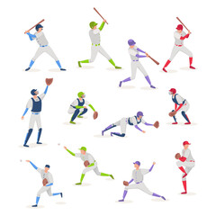 Fototapeta na wymiar Vector flat set of baseball players in different poses. Softball team isolated illustration on white background (batter, pitcher, catcher, defense)