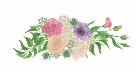 Watercolor painting a floral bouquet: rose, anemone, carnation flower 
