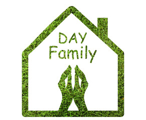 Happy Family Day. Illustration of house and hands on white background