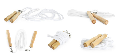 Set with skipping ropes on white background. Banner design
