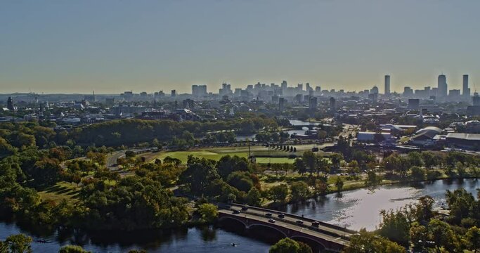 Boston Massachusetts Aerial v266 low level flyover cambridge capturing harvard campus across charles river overlooking at cityscape along the skyline - Shot with Inspire 2, X7 camera - October 2021