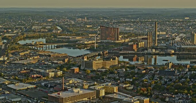 Boston Massachusetts Aerial v250 panoramic pan shot across cities and neighborhoods capturing industrial and logistic area towards international airport - Shot with Inspire 2, X7 camera - October 2021