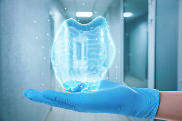 Gastroenterologist holding virtual image of intestine indoors, closeup - Powered by Adobe