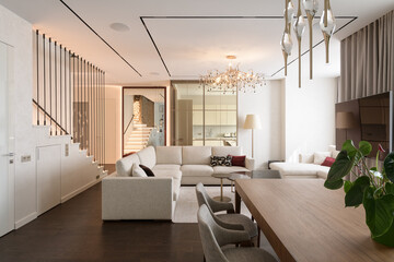modern living room with large white sofa, luxury penthouse