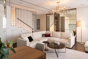 modern living room with large white sofa, luxury penthouse