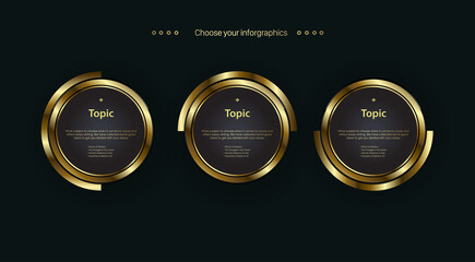 Fototapeta na wymiar Three circles golden infographic option template design, objects, elements on dark background. three modern premuim banners for web buttons and work flow. vector, illustration