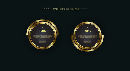 Fototapeta na wymiar Two circles golden infographic option template design, objects, elements on dark background. and premuim banners for web buttons and work flow design