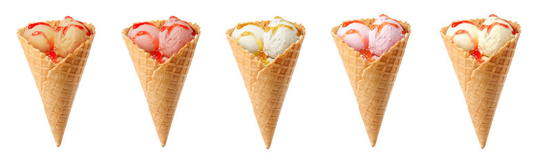 Set with different tasty ice creams in wafer cones on white background. Banner design