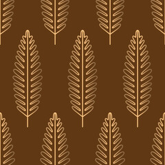Simple seamless pattern with golden tropical leaves for textile, fabric manufacturing, wallpaper, covers, surface, print, gift wrap, scrapbooking. Brown autumn background. Vector.