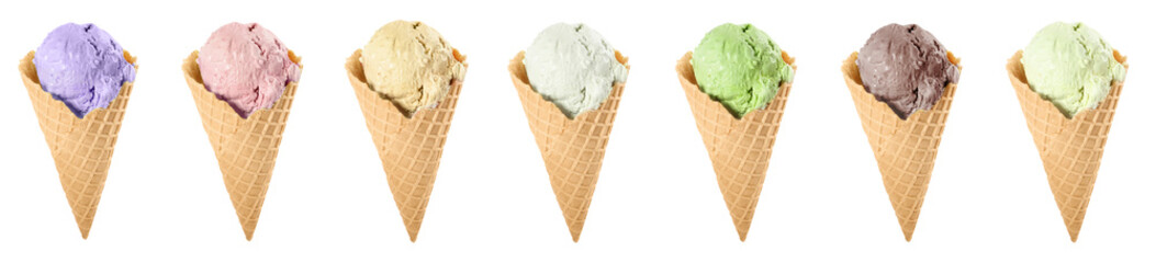 Set with different tasty ice creams in wafer cones on white background. Banner design