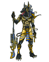 Egyptian god Anubis with a weapon. Illustration for a T-shirt or tattoo