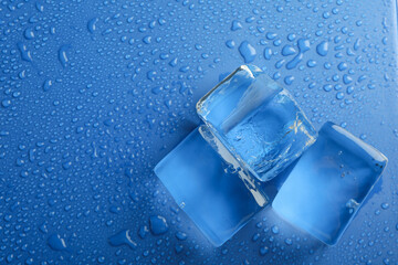 Ice cubes on wet blue background, space for text