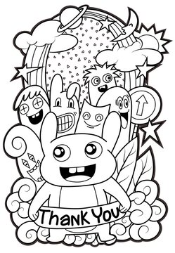 hand-drawn doodles, coloring books, black and white lines, fun of cute monsters and friends, illustrations,