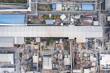 Aerial view of building infrastucture of industry power plant, smart chamical, gas and oil refinery pipeline warehouse