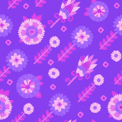 Seamless pattern with floral ornament. Raster illustration for design and printing on fabric or paper. Flowers on a purple background.