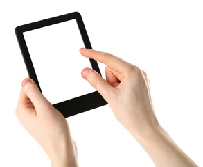 Woman using e-book reader on white background, closeup